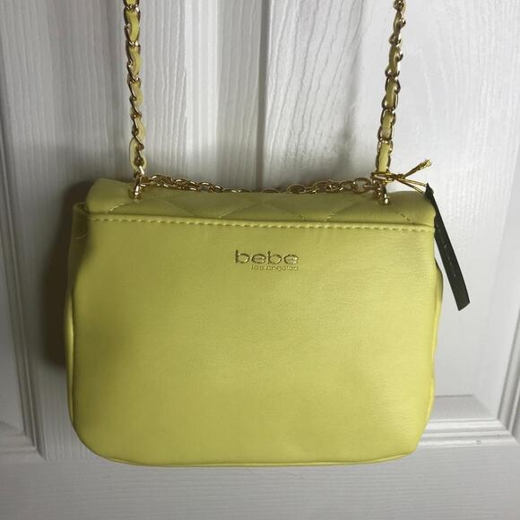 Bebe Wyatt V-Flap Chain Strap Purse Yellow With Gold-Toned Hardware NEW - Picture 9 of 14